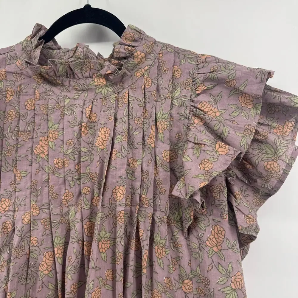 Victoria Dunn Jameson Ruffle Blouse Sz 2XL Floral Pleated Cotton Top Block Print - Picture 3 of 6